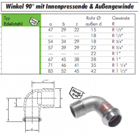 Winkel 90° mit Innenpressende & Außengewinde, Edelstahl, alle Größen